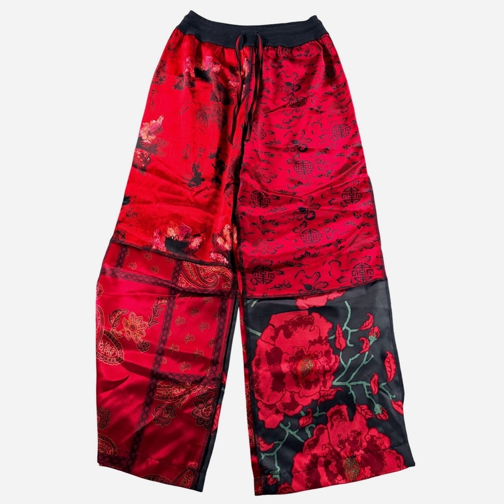 Chicos Silk Wide Leg Pants Women Size 1 Red Patchwork Floral Paisley Drawstring